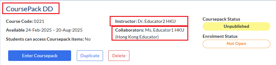 coursepack shows collaborators